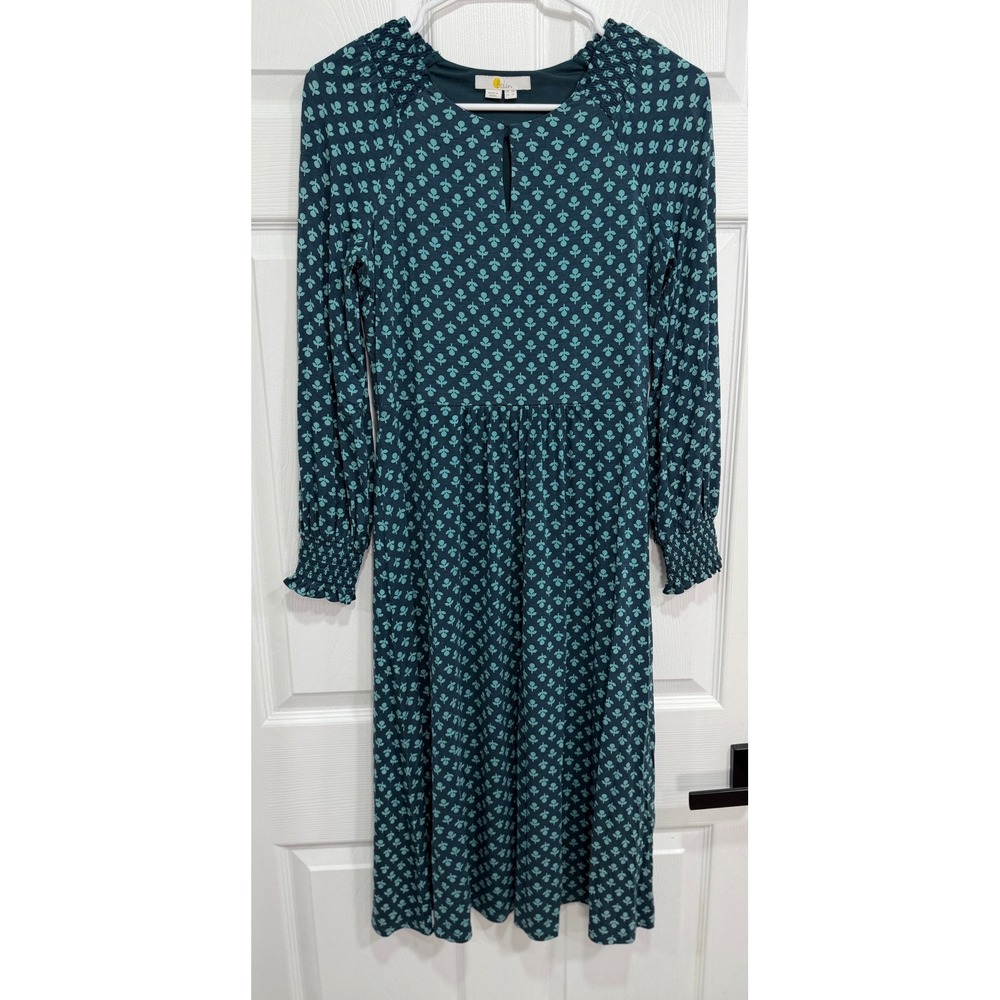 Boden Teal Green Floral Geometric Smocked Midi Dress Long Sleeve US 2P J0246